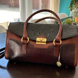 Vintage Brahmin Black and Brown Croc-Embossed Satchel